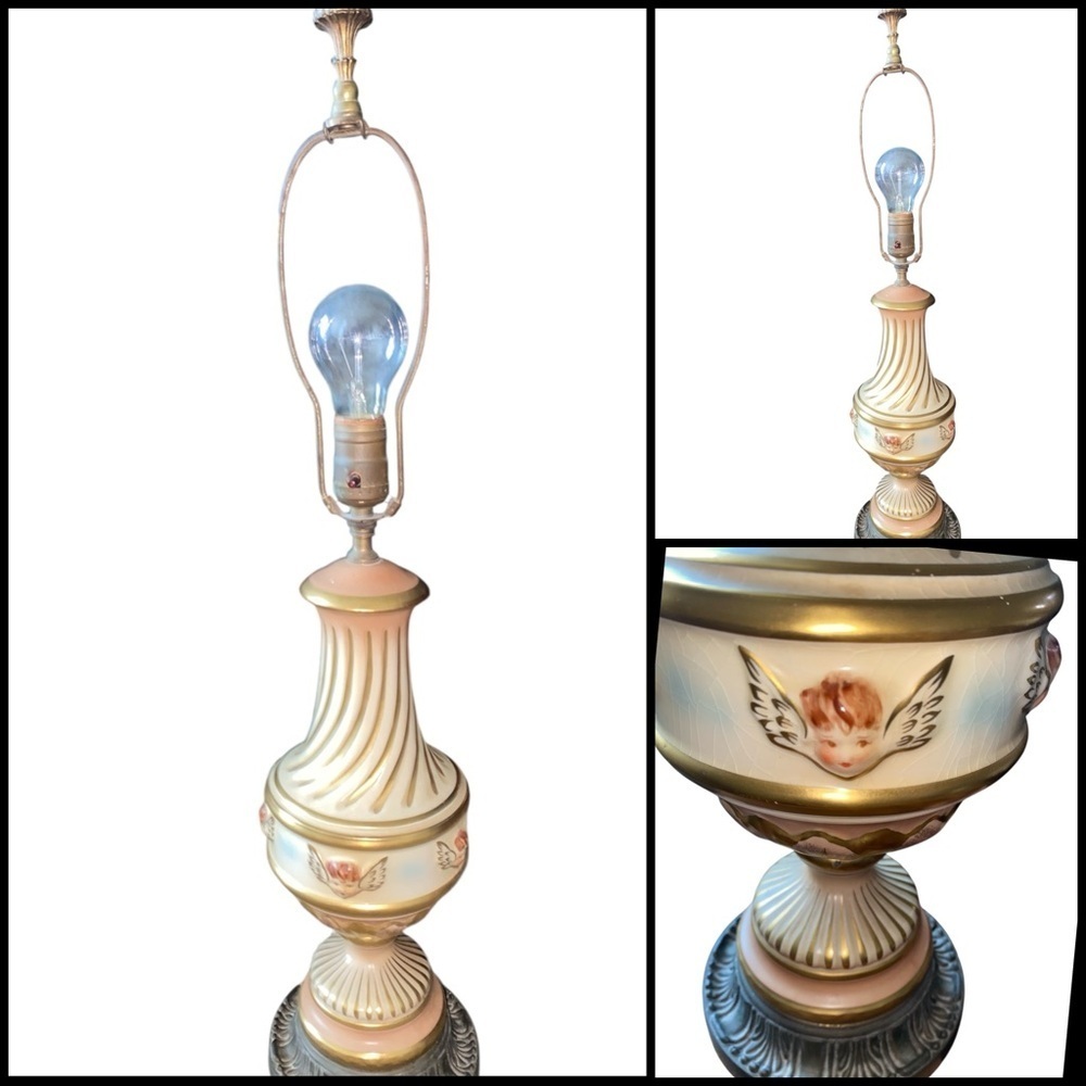 Antique Vintage Porcelain Gilded Cream and Gold Mythical 28”Tall Table Lamp